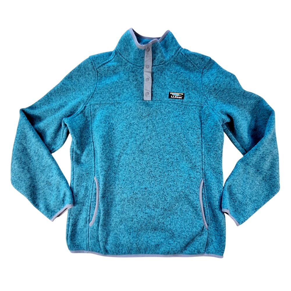 L.L. Bean Sweater Women's Medium Teal Heathered Poly 1/4 Snap Mock Neck Pockets